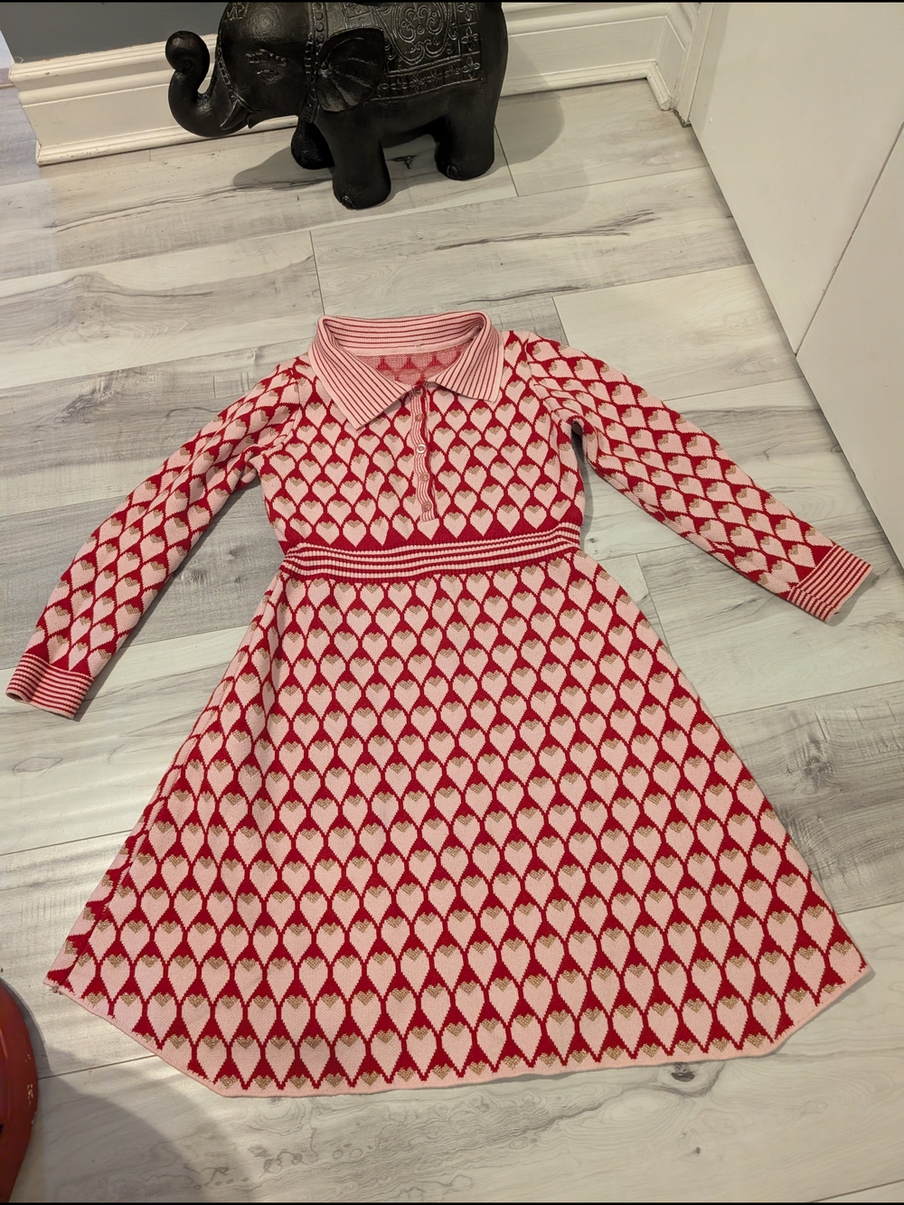 Pink and Red Heart-Pattern Knit Dress with Polo Collar